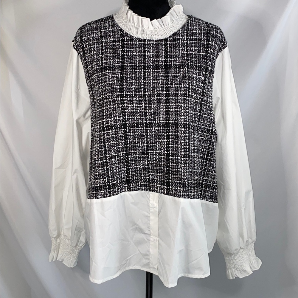 SHEIN Plus 4XL Preppy Tweed Mock Layer Blouse Black White